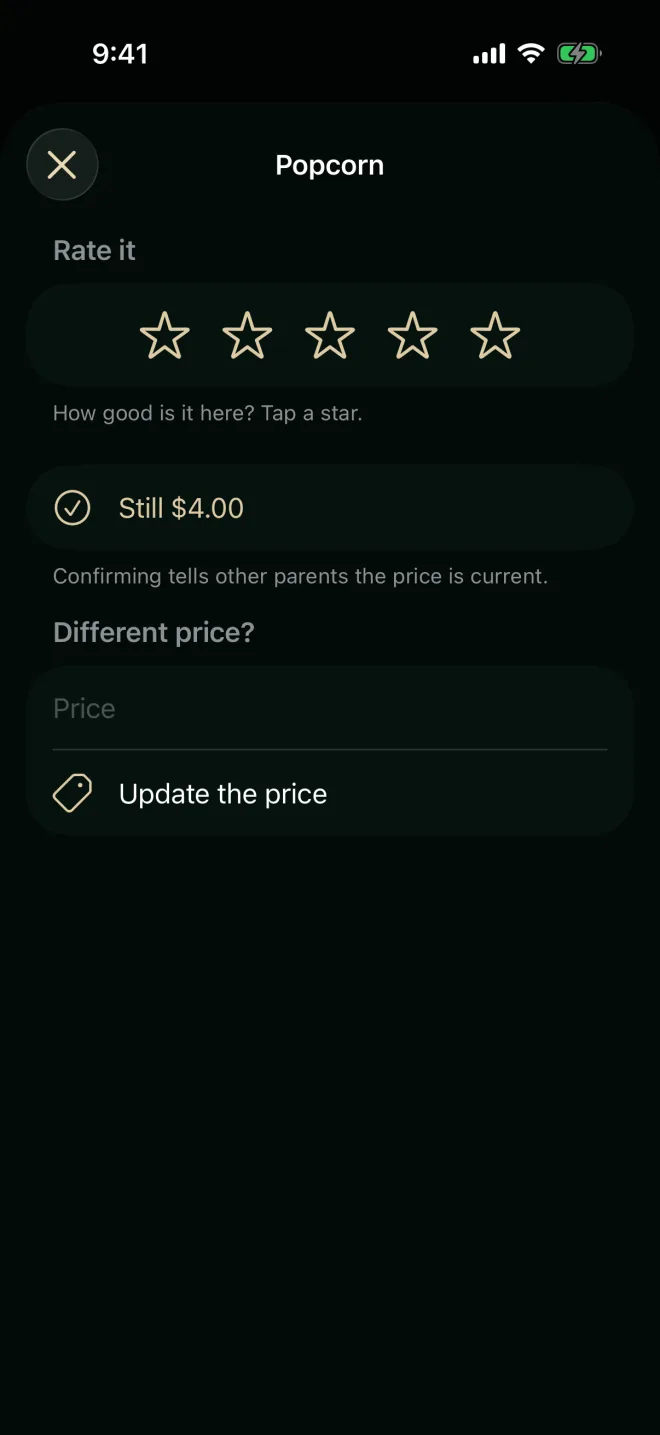 Rating the popcorn with stars, and confirming its $4.00 price