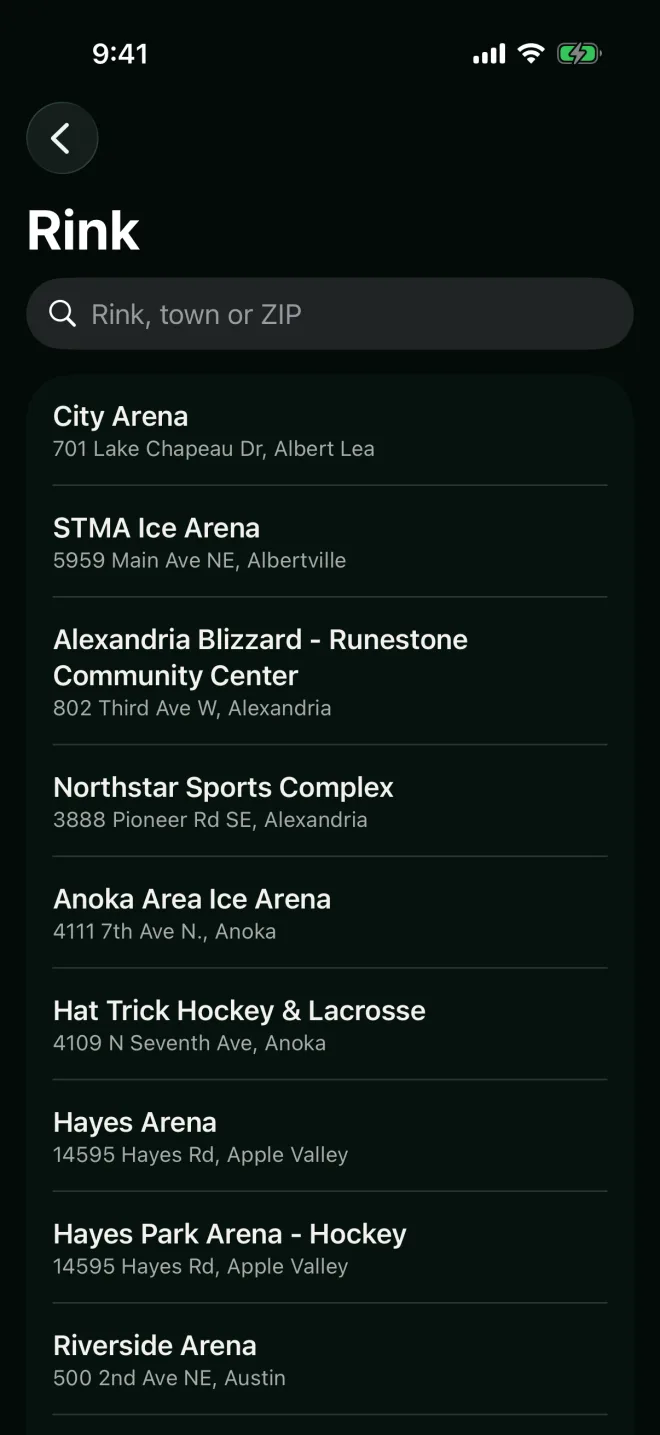 Choosing a rink from the list of Minnesota rinks, searchable by rink, town or ZIP