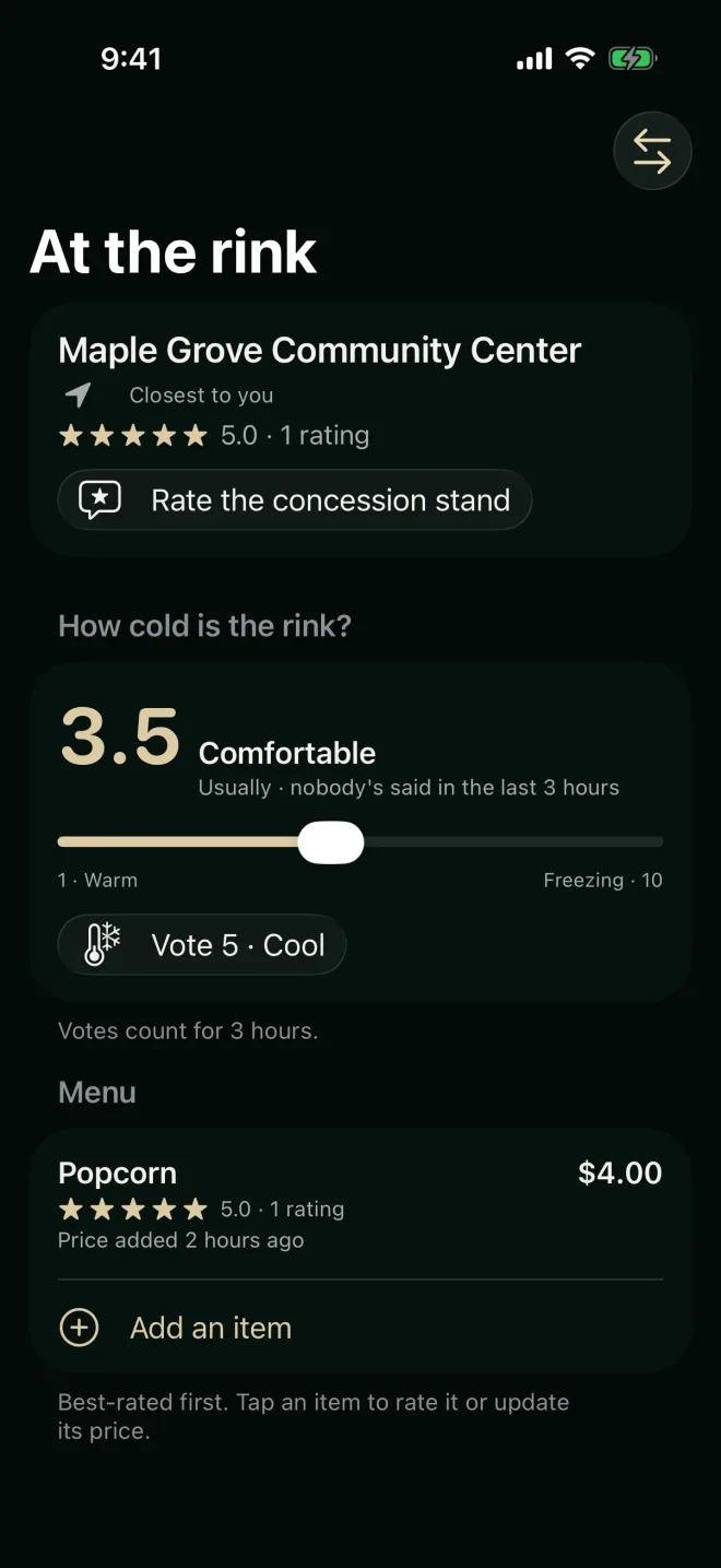 The concession stand at Maple Grove Community Center with its rating, how cold the rink is, and the menu