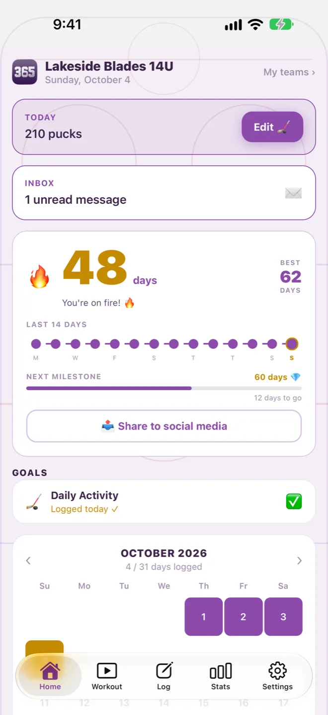 The Hockey 365 home screen: 210 pucks today and a 48-day streak, best 62, with the last 14 days all logged.