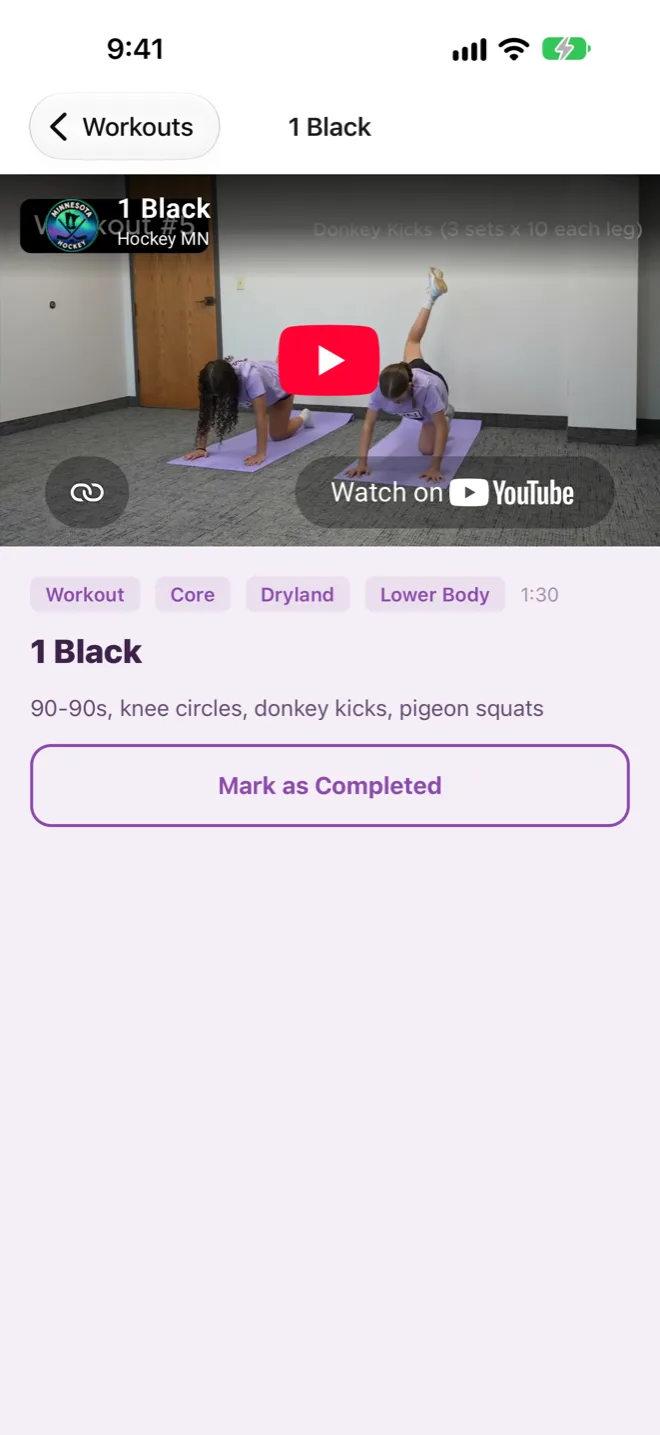 The 1 Black workout: its tags, length, the exercises — 90-90s, knee circles, donkey kicks, pigeon squats — and a Mark as Completed button.
