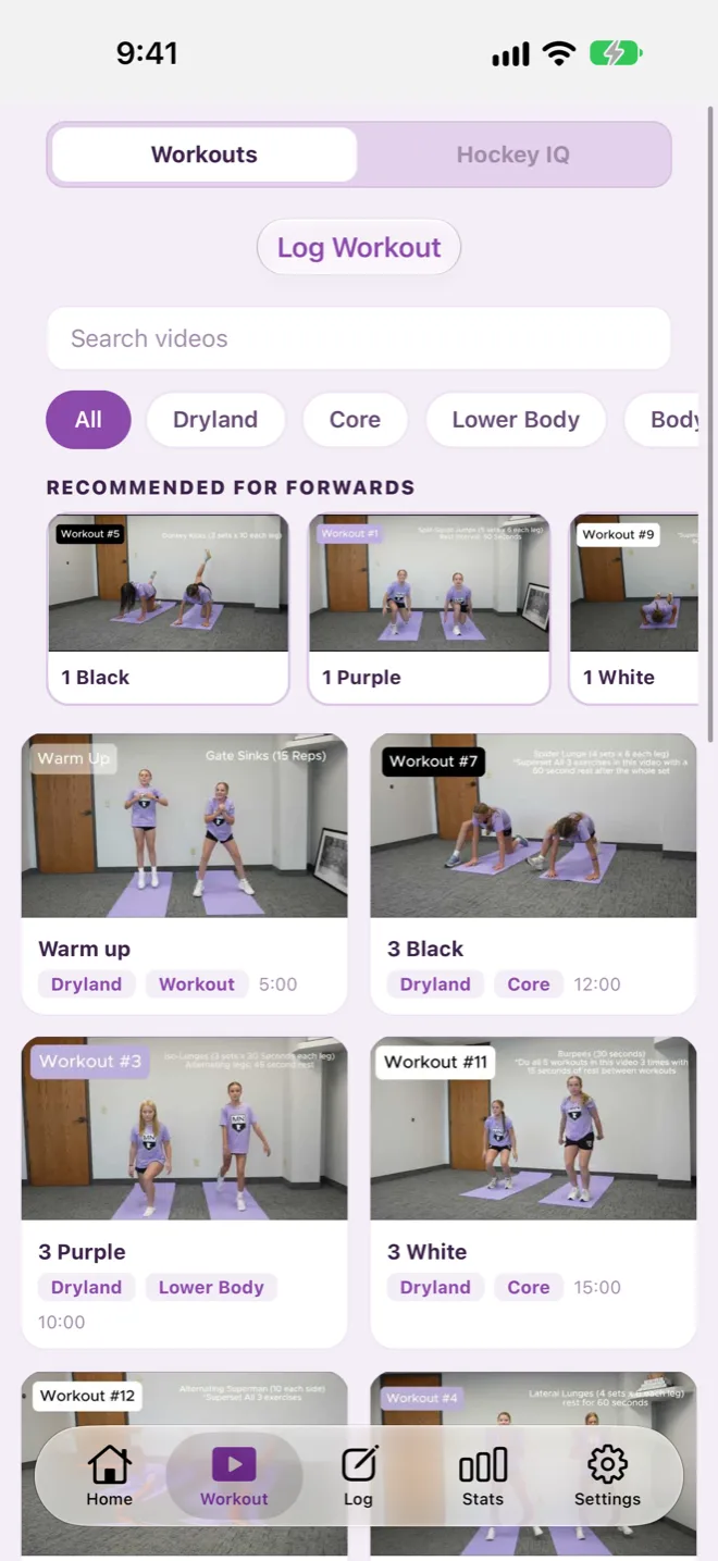 The Workouts tab: category chips, workouts recommended for forwards, and a grid of trainer-made videos.