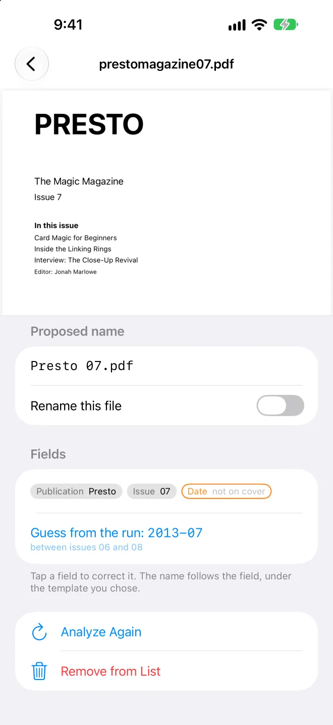 Nomen on iPhone: an issue's fields, with a date suggested from the issues around it.