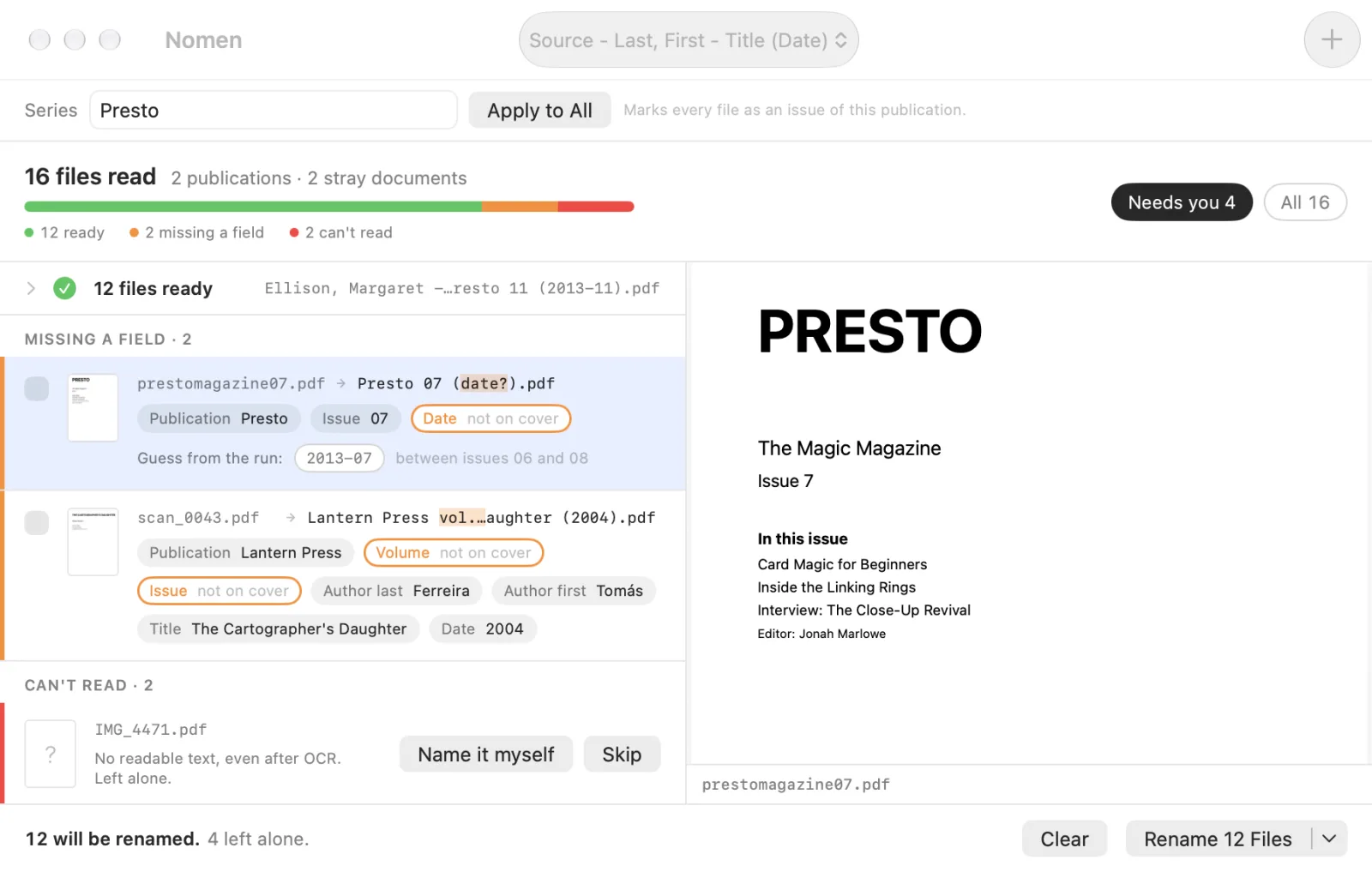 Nomen on the Mac: a batch of magazine issues sorted into ready, missing a field, and can't read, with the cover of the selected issue beside the list.