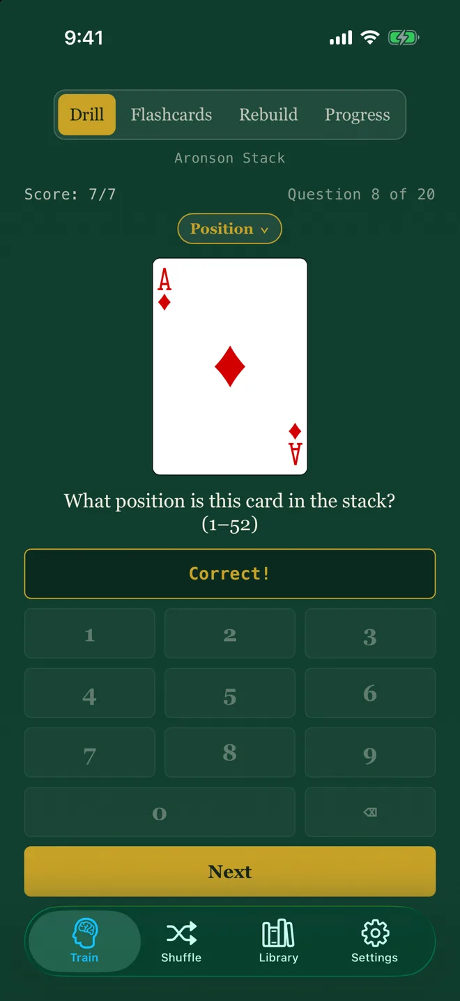 An Ordinal drill: seven correct out of seven, with the app's own card keypad.