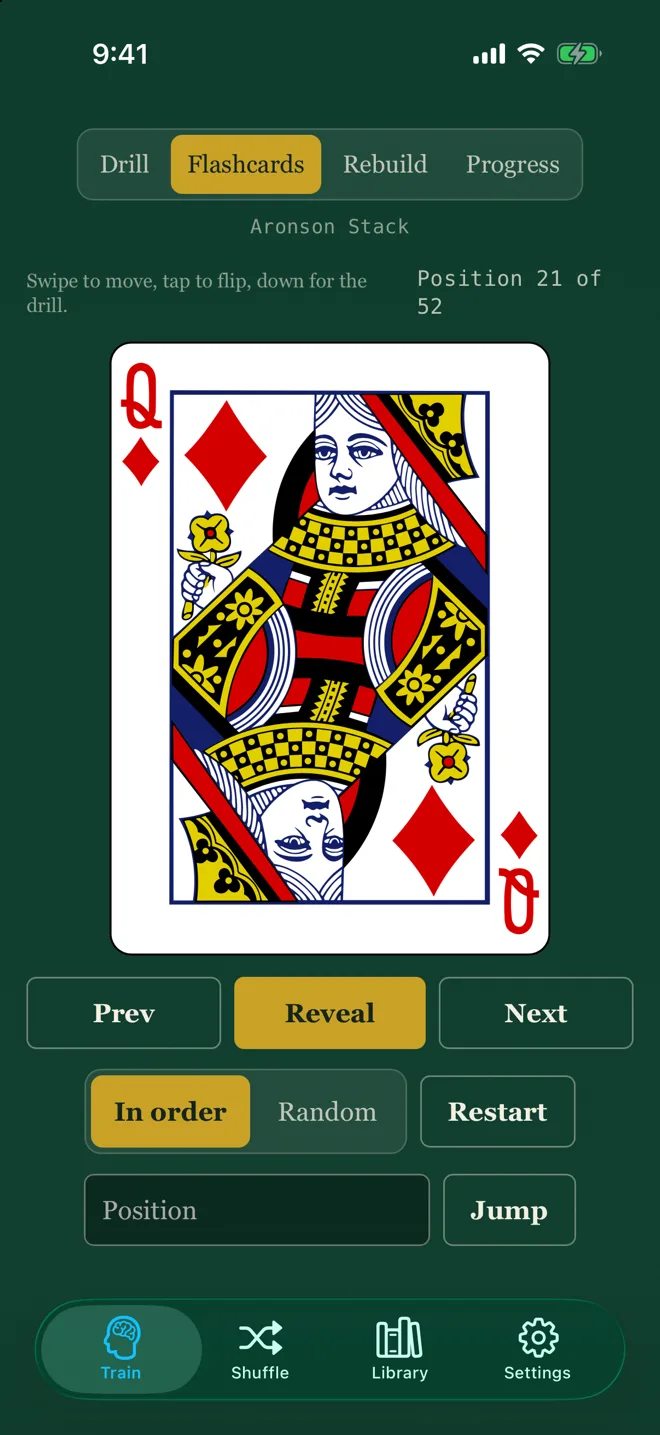 Ordinal flashcards: the Queen of Diamonds revealed at position 21 of the Aronson Stack.