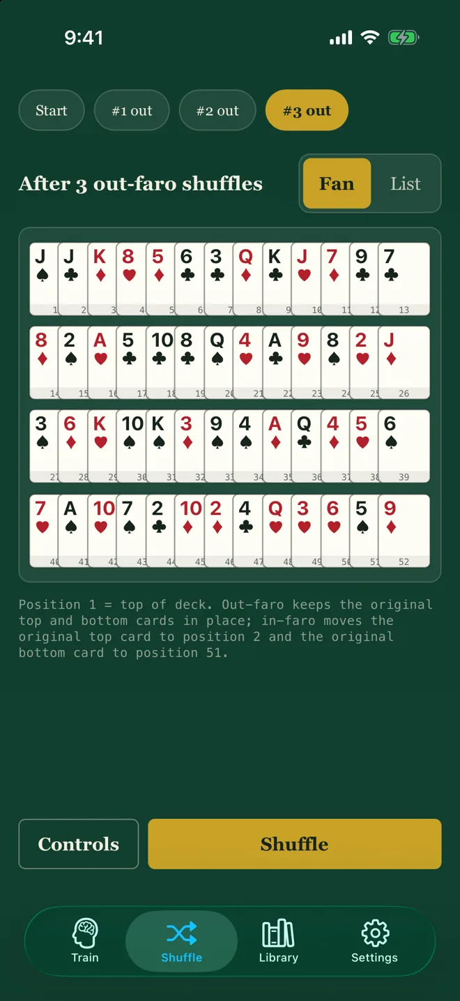 The Shuffle tab after three out-faros, with the history rail along the top.