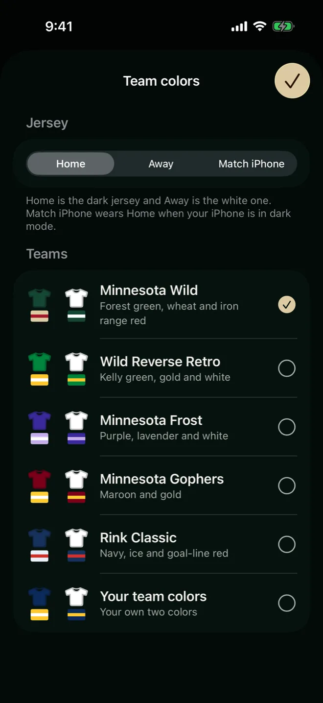 The Team colors screen: Home, Away or Match iPhone, and the five teams plus Your team colors.