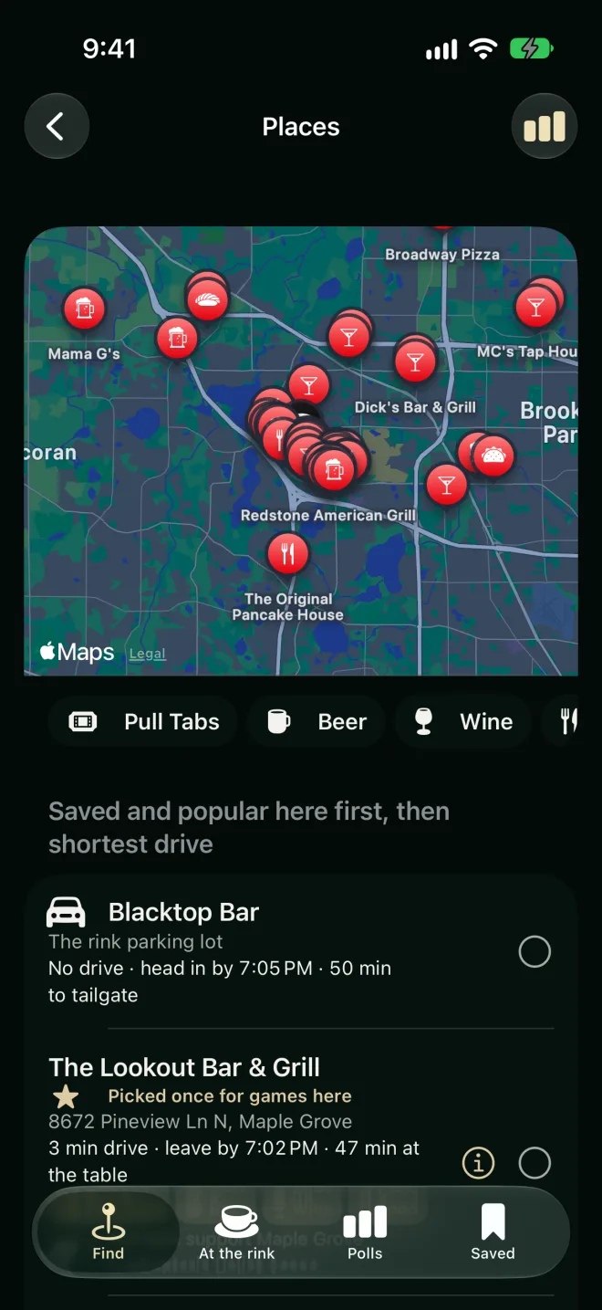 Places near Maple Grove Community Center with Pull Tabs, Beer, Wine and Food filters; The Lookout Bar & Grill picked for games here, 3 minutes away