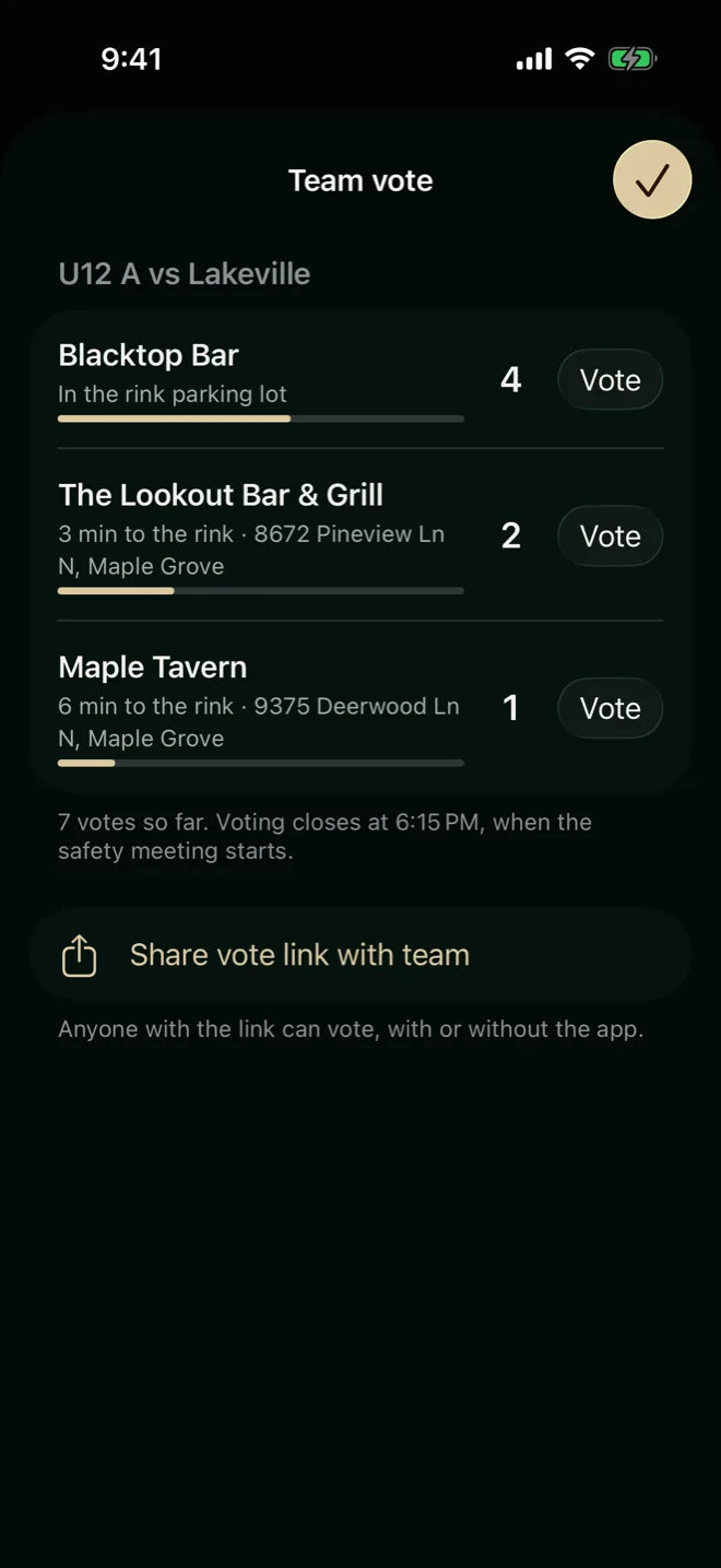 The team vote screen with live counts and a Share vote link with team button.