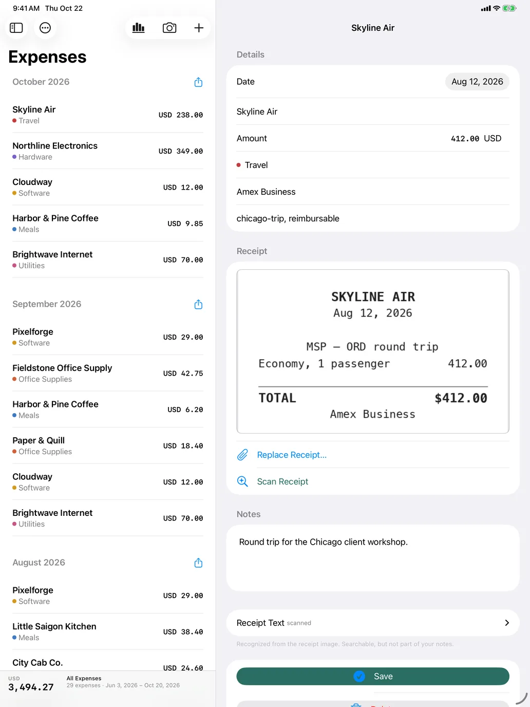 Tallybook on iPad: a Skyline Air expense open beside the list, with its receipt and notes.