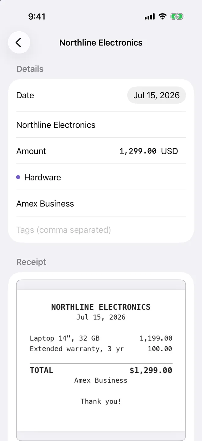 One expense, Northline Electronics, $1,299.00, Hardware, with the scanned receipt below its details.