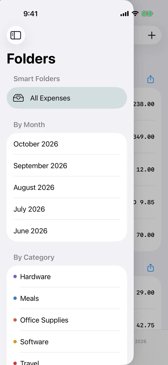 The Folders drawer over the list: All Expenses, then by month and by category.