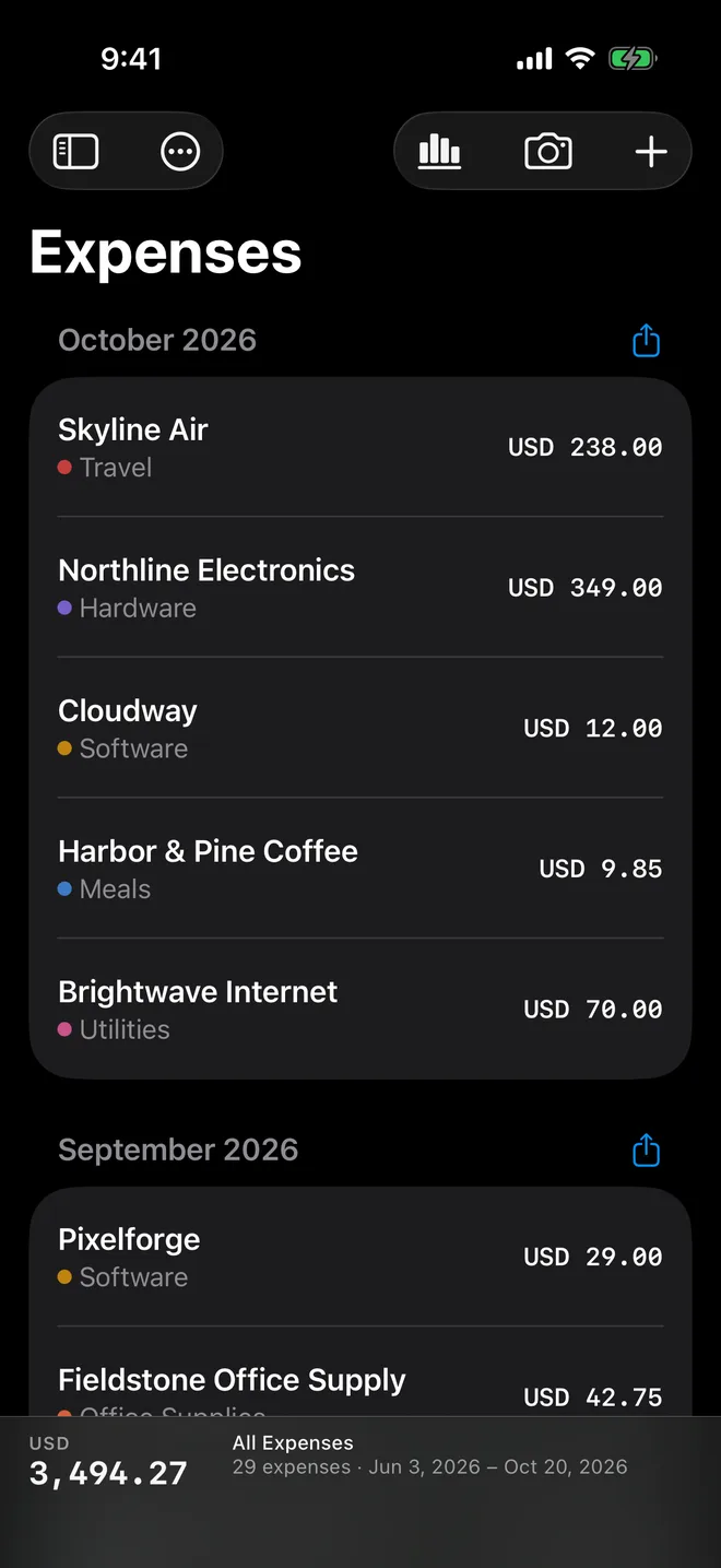 The expense list in dark mode.