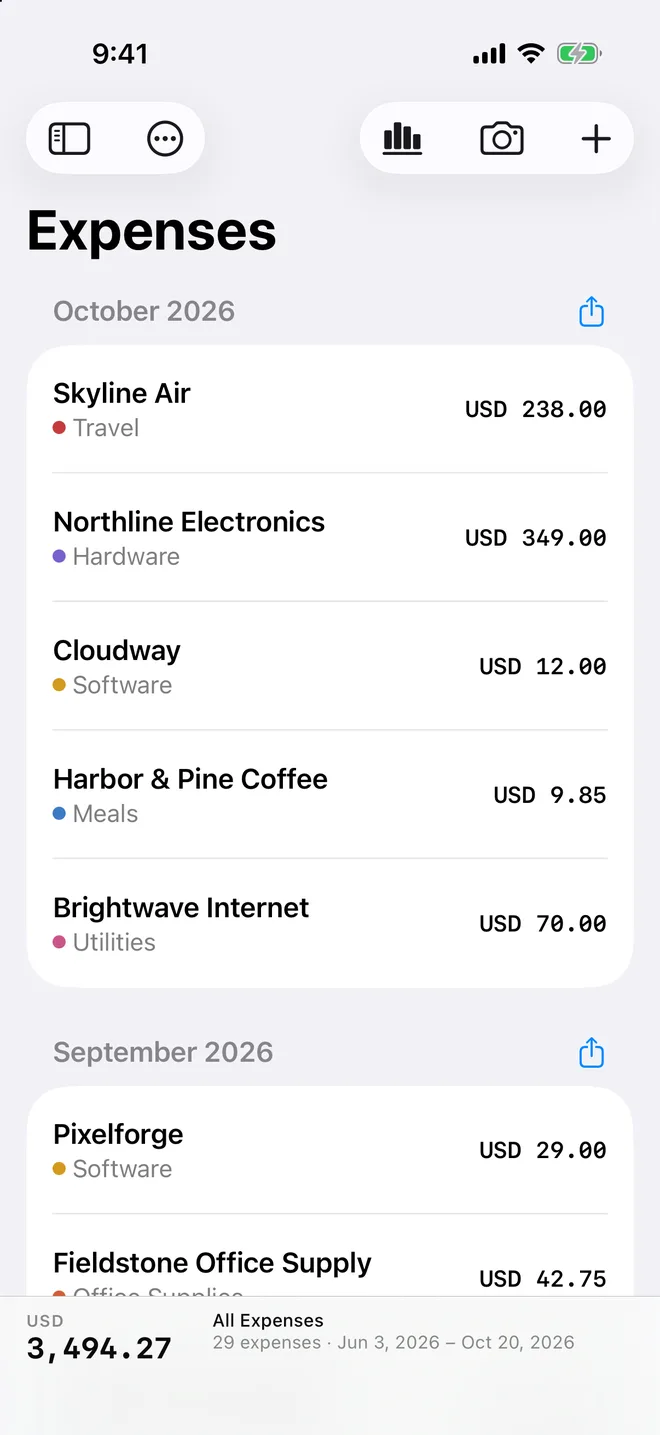 The expense list, grouped by month: Skyline Air, Northline Electronics, Cloudway, Harbor & Pine Coffee, each with its category and amount.