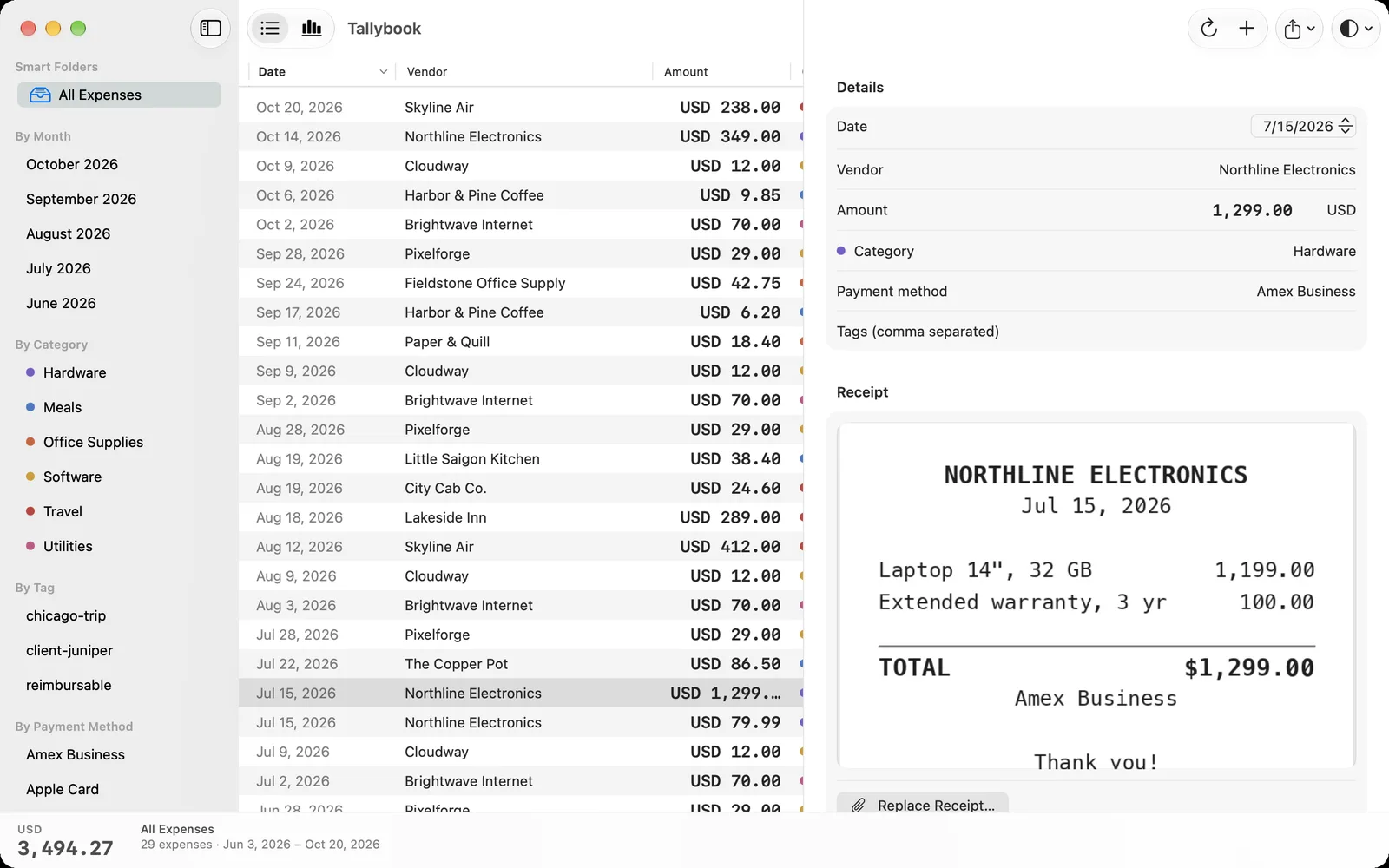 Tallybook on a Mac: smart folders by month, category, tag and card on the left, a table of expenses in the middle, and the selected Northline Electronics receipt on the right.