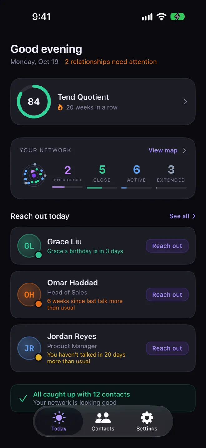 The Today screen in dark mode.